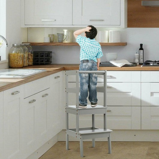 Wooden Kids Kitchen Learning Toddler Tower w/ Safety Rail