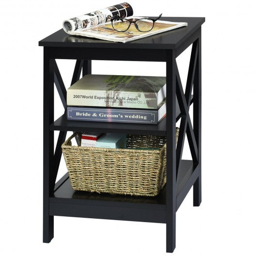 3-Tier Nightstand End Table with X Design Storage