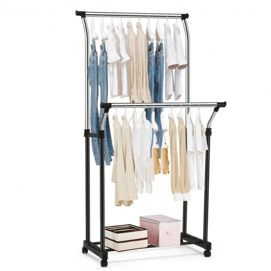 Double Rail Adjustable Clothing Garment Rack with Wheels
