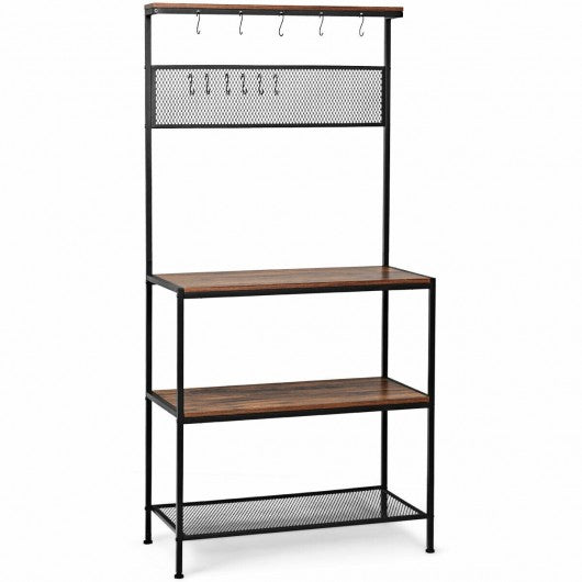 4-Tier Kitchen Rack Stand with Hooks & Mesh Panel