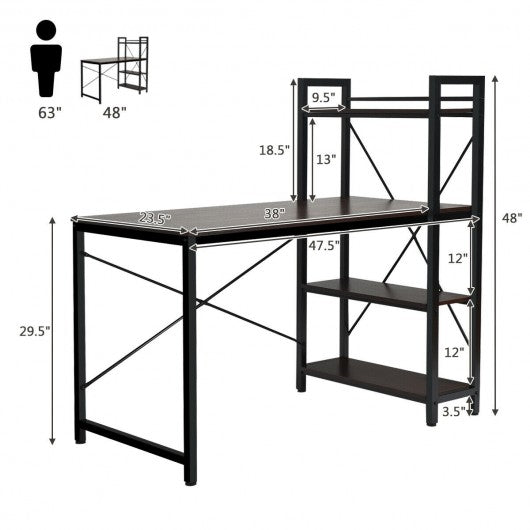 4 Tier Storage Shelves Computer Desk-Brown