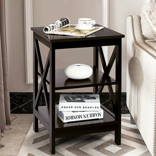 3-Tier Nightstand End Table with X Design Storage