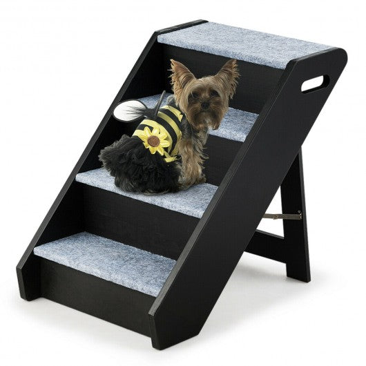 4-Step Wooden Ramp Carpeted Pet Stairs with Handle
