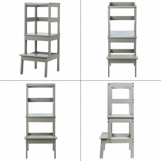 Wooden Kids Kitchen Learning Toddler Tower w/ Safety Rail