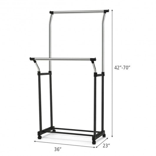 Double Rail Adjustable Clothing Garment Rack with Wheels