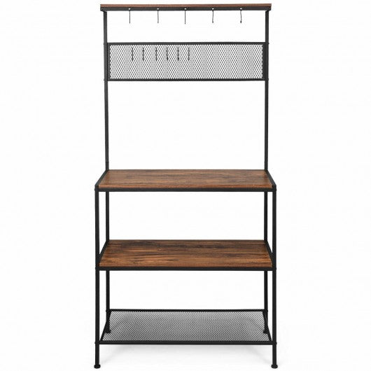 4-Tier Kitchen Rack Stand with Hooks & Mesh Panel