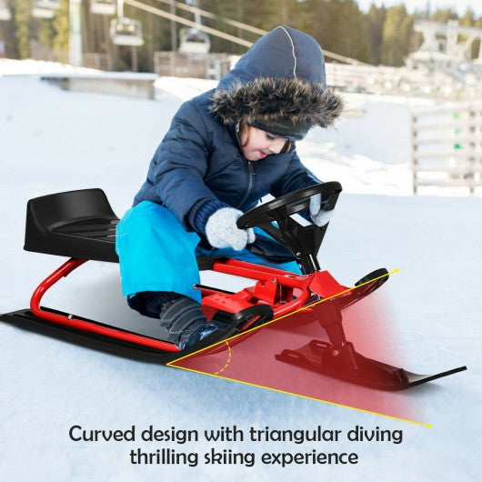 Kids Snow Sled w/ Steering Wheel & Double Brakes Pull Rope