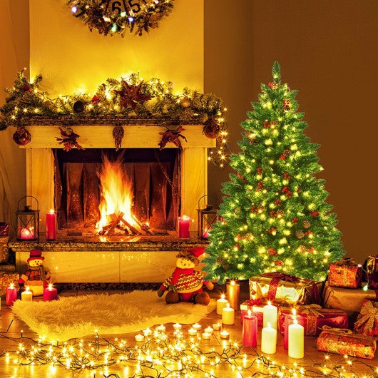 4.5 ft Preit Hinged Christmas Tree with Pine Cones Red Berries and 300 LED Lights