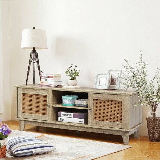 TV Stand Console Cabinet with Rattan Doors-Natural Wood