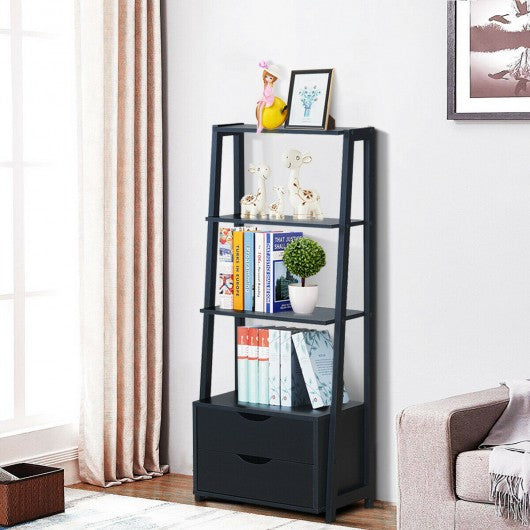 4-Tier Ladder Bookshelf Storage Display with 2 Drawers