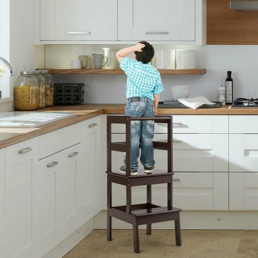 Wooden Kids Kitchen Learning Toddler Tower w/ Safety Rail