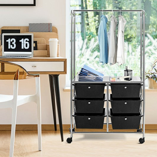 6 Drawer Rolling Storage Cart with Hanging Bar