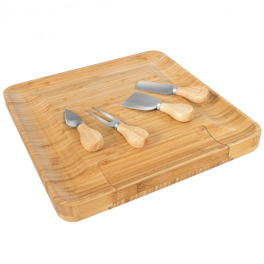 Bamboo Cheese Board & Knife Set w/ Slide-out Drawer