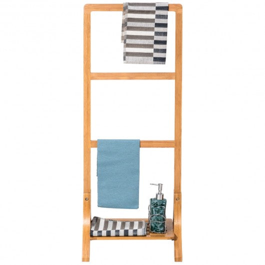 Free Standing Bamboo Towel Rack with Bottom Shelf