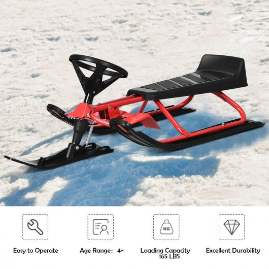 Kids Snow Sled w/ Steering Wheel & Double Brakes Pull Rope