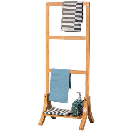 Free Standing Bamboo Towel Rack with Bottom Shelf