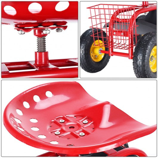 Red/Green Garden Cart Rolling Work Seat With Heavy Duty Tool Tray Gardening Planting