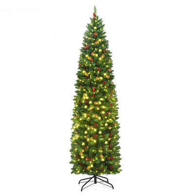 7.5 ft Preit Hinged Pencil Christmas Tree with Pine Cones Red Berries