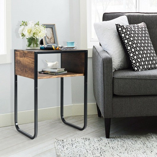 Industrial Coffee Nightstand Side Table with Metal Rustic Frame