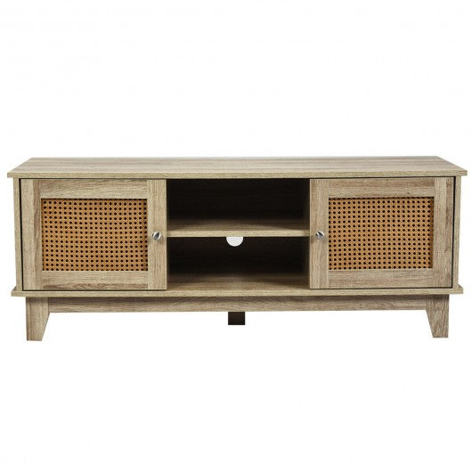 TV Stand Console Cabinet with Rattan Doors-Natural Wood