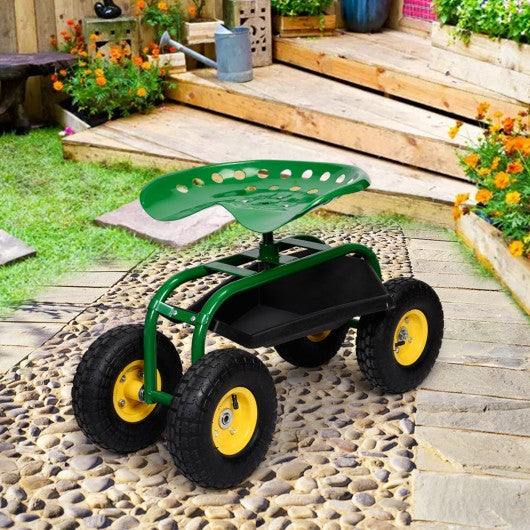 Red/Green Garden Cart Rolling Work Seat With Heavy Duty Tool Tray Gardening Planting