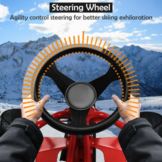 Kids Snow Sled w/ Steering Wheel & Double Brakes Pull Rope