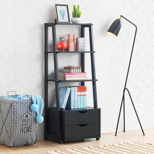 4-Tier Ladder Bookshelf Storage Display with 2 Drawers