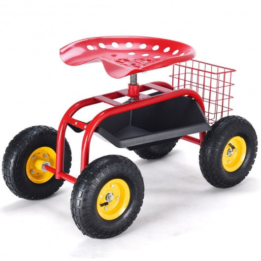 Red/Green Garden Cart Rolling Work Seat With Heavy Duty Tool Tray Gardening Planting