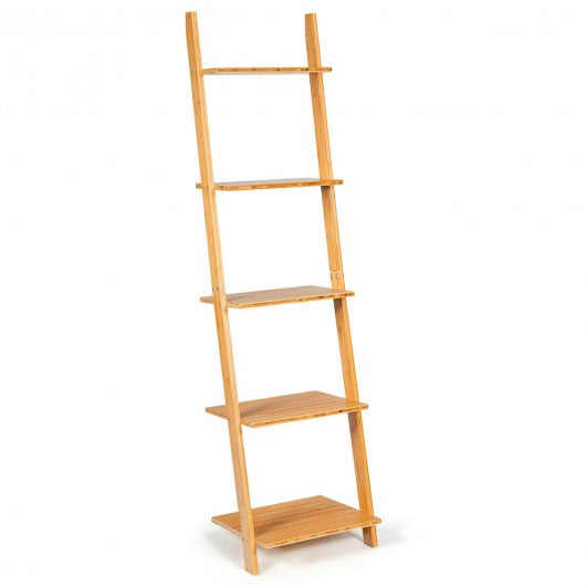 5-Tier Ladder Shelf Modern Bamboo Leaning Bookshelf Ladder Bookcase