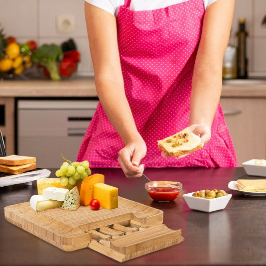 Bamboo Cheese Board & Knife Set w/ Slide-out Drawer