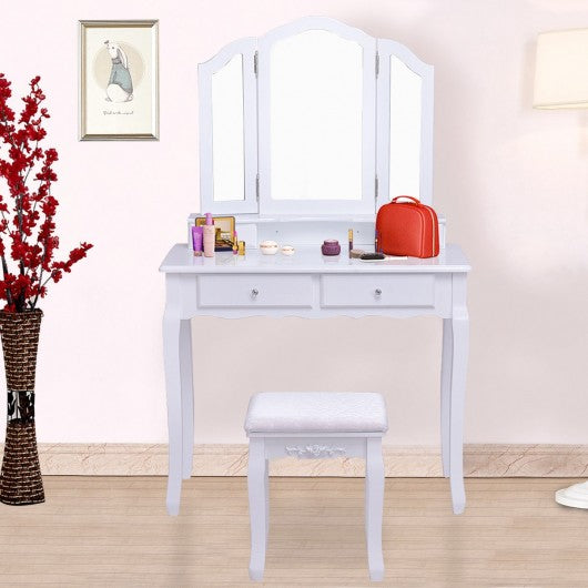 Tri Folding Mirror Vanity Table Stool Set with 4 Drawers