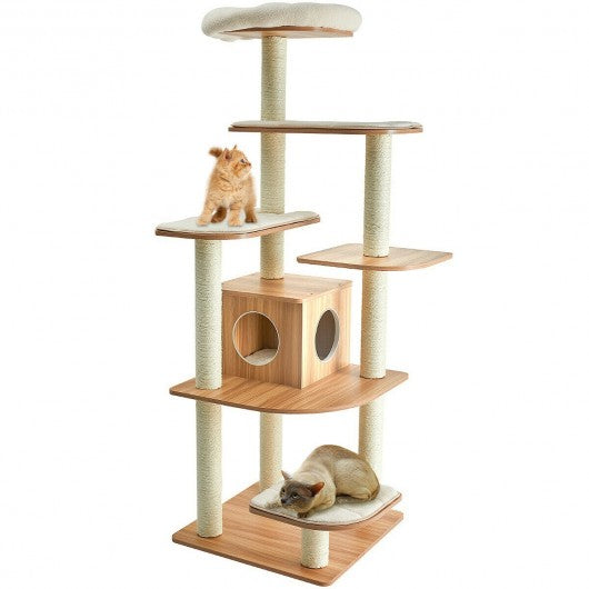 Wood Multi-Layer Platform Cat Tree with Scratch Resistant Rope