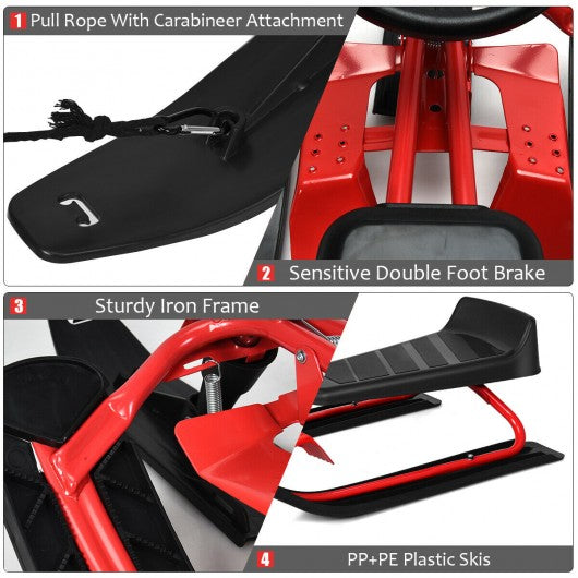 Kids Snow Sled w/ Steering Wheel & Double Brakes Pull Rope