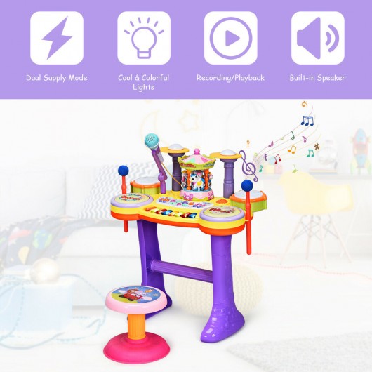 3-in-1 Kid Piano Keyboard Drum Set with Carousel Music Box