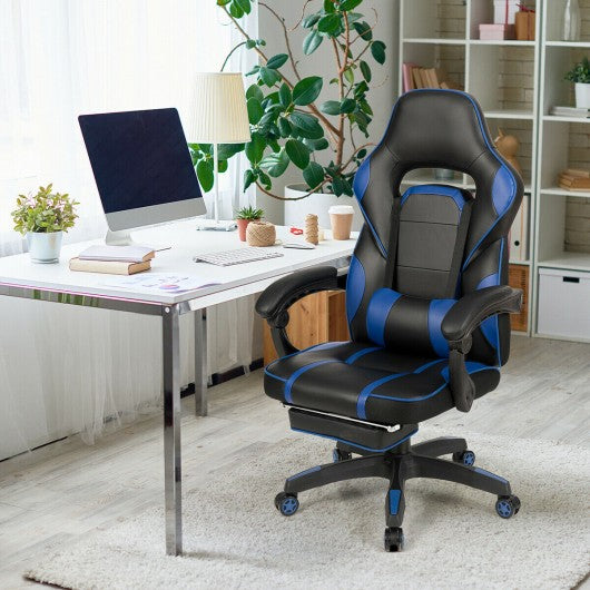 Massage Gaming Chair with Footrest & Lumbar Support-Blue