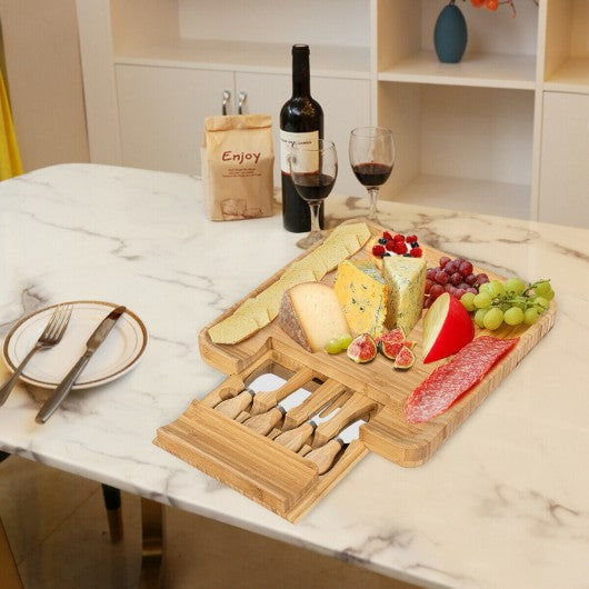 Bamboo Cheese Board & Knife Set w/ Slide-out Drawer