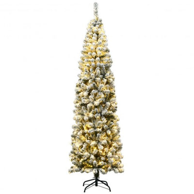 7.5 ft Preit Snow Flocked Artificial Pencil Christmas Tree with LED Lights