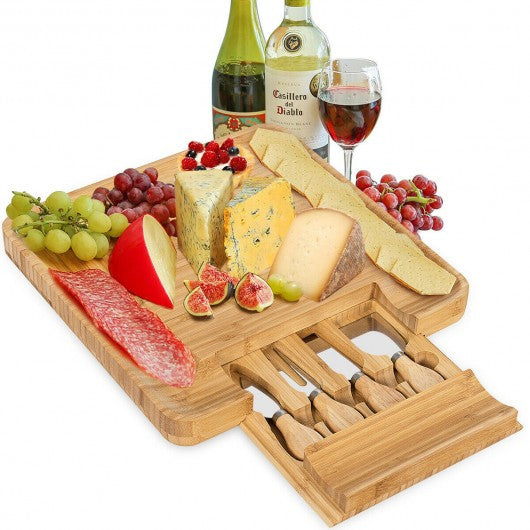 Bamboo Cheese Board & Knife Set w/ Slide-out Drawer