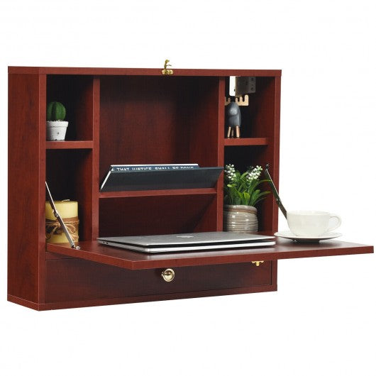 Wall Mounted Folding Laptop Desk Hideaway Storage with Drawer