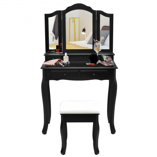 4 Drawers Mirrored Jewelry Wood Vanity Dressing Table w/ Stool