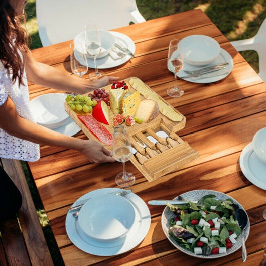 Bamboo Cheese Board & Knife Set w/ Slide-out Drawer