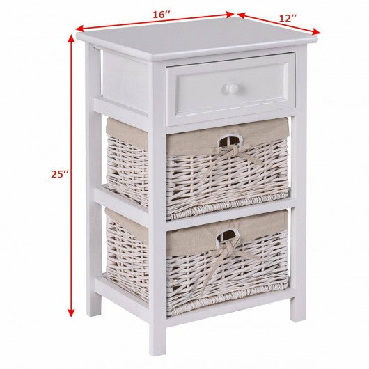 3 Tier Set of 2 Wood Nightstand with 1 & 2 Drawer