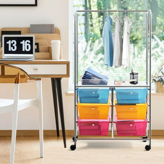 6 Drawer Rolling Storage Cart with Hanging Bar