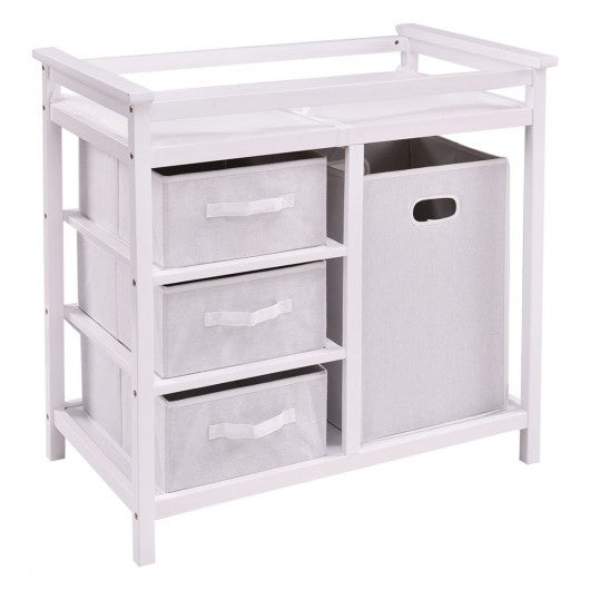 Infant Baby Changing Table w/3 Basket Hamper Diaper Storage Nursery-White