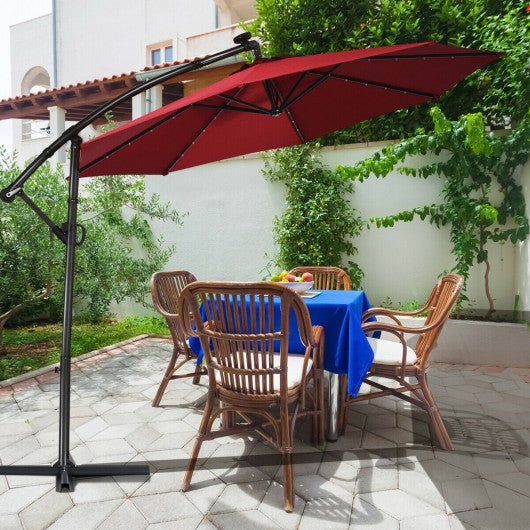 10 ft 360Â° Rotation Solar Powered LED Patio Offset Umbrella without Weight Base-Burgundy