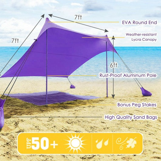7' x 7' Family Beach Tent Canopy Sunshade w/ 4 Poles