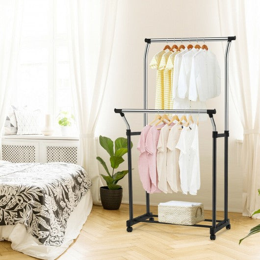 Double Rail Adjustable Clothing Garment Rack with Wheels