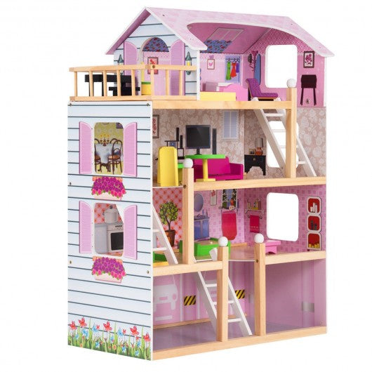 Wood Dollhouse Cottage with Furniture Playset for Kids