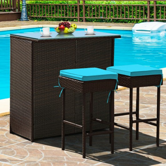 3PCS Patio Rattan Wicker Bar Table Stools Dining Set