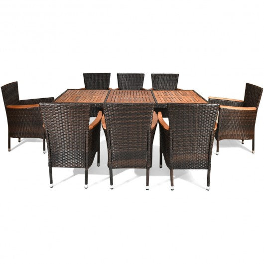 9 pcs Patio Rattan Dining Set 8 Chairs Cushioned Acacia Table Top